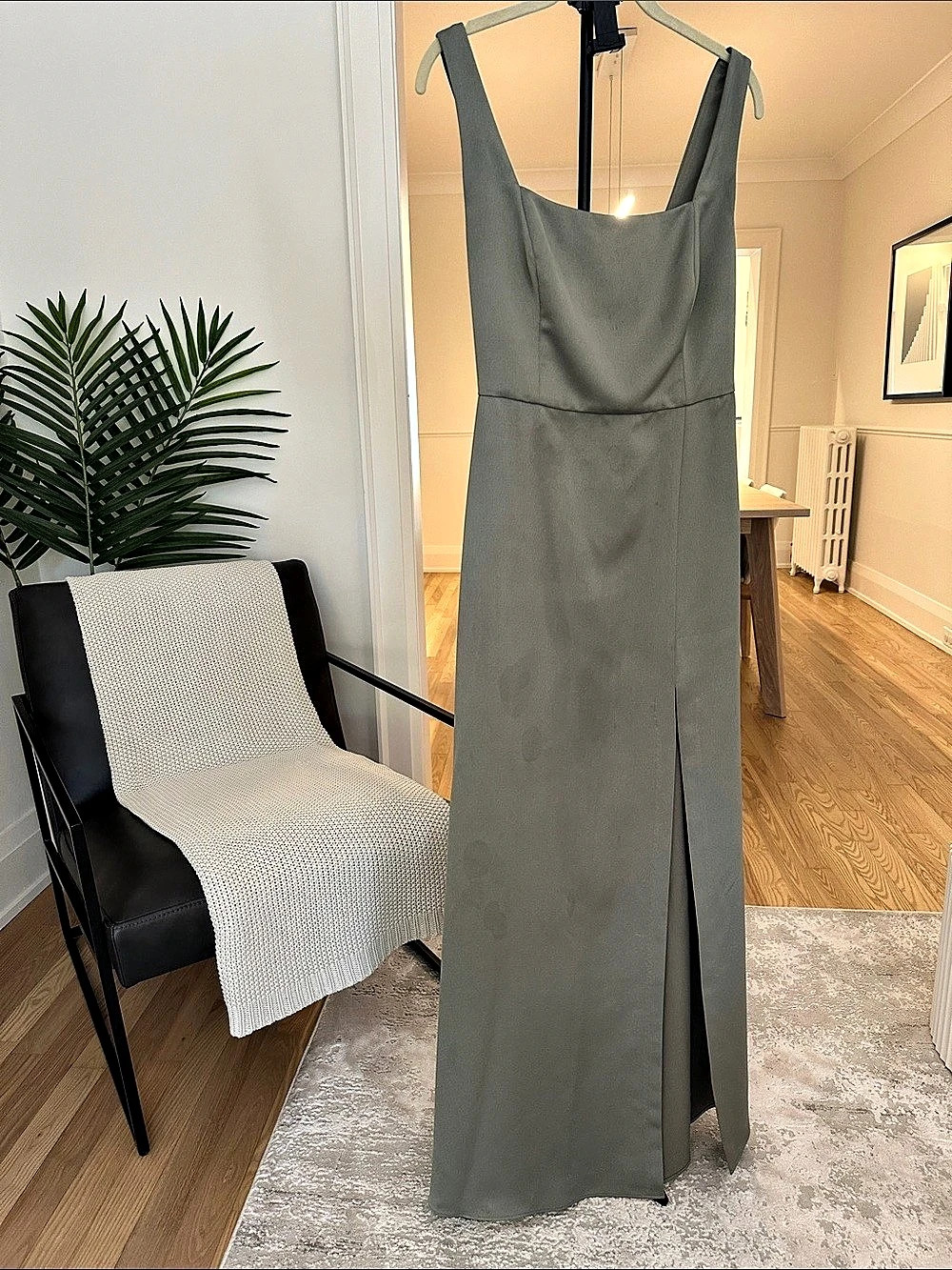 BHLDN Square Neck Green Satin Maxi Dress